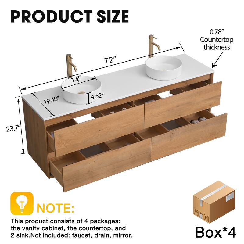 Sylphar 72 inch Toffee Oak Floating Bathroom Vanity with White Quartz Top