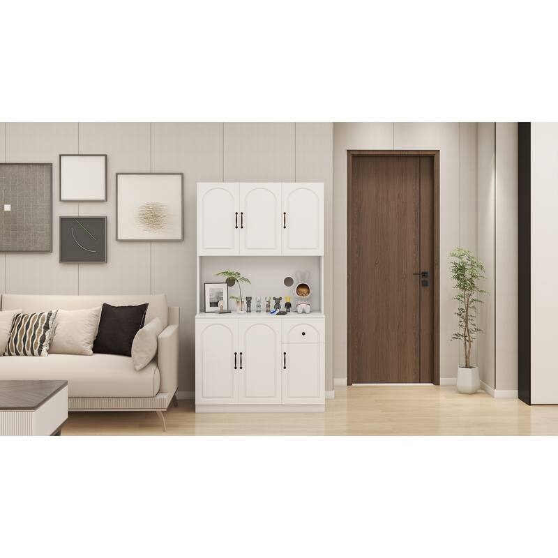 Kitchen Pantry with Microwave Countertop, Storage Cabinet with 6 Doors and 1 Drawer, Cupboard with Adjustable Shelves