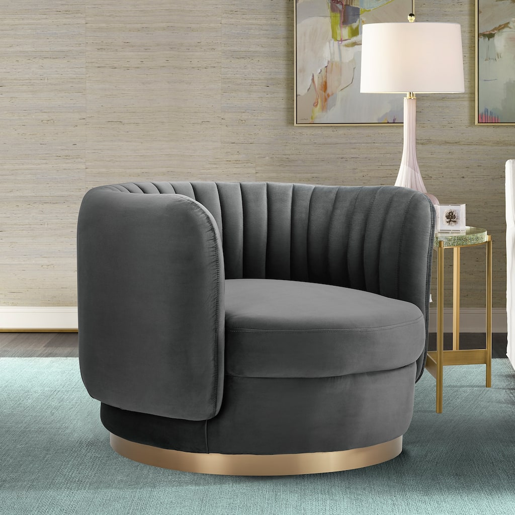 Davy Velvet 360 Degree Swivel Round Barrel Arm Chair with Gold Base