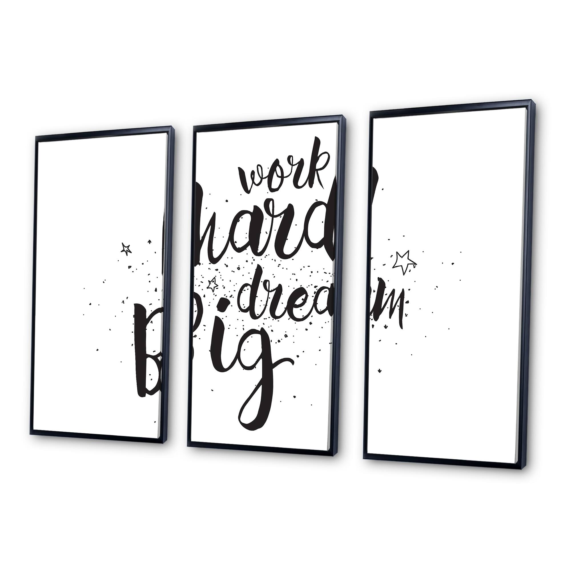Designart "Work Hard Dream Big" Traditional Framed Canvas Wall Art Print Set of 3 4 Colors of