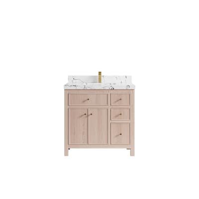 Willow Collections 36 x 22 Sonoma Oak Wood Center Sink Left Bathroom Vanity with Quartz or Marble Countertop