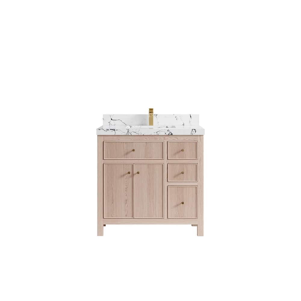 Willow Collections 36 x 22 Sonoma Oak Wood Center Sink Left Bathroom Vanity with Quartz or Marble Countertop