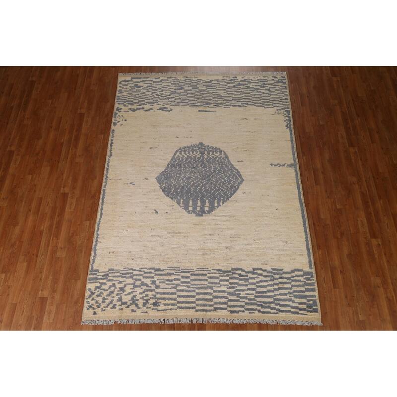 Hand Knotted Oriental 100% Wool Carpet Tribal Tribal Beige & Ivories Moroccan Area Rug - 9' 0'' X 6' 5''