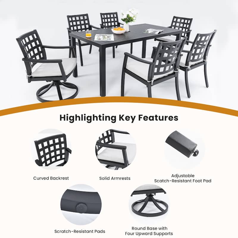 7 Piece All Weather Aluminum Patio Dining Furniture Set with Rectangular Table and 6 Chairs (4 Stationary, 2 Swivel Rockers)