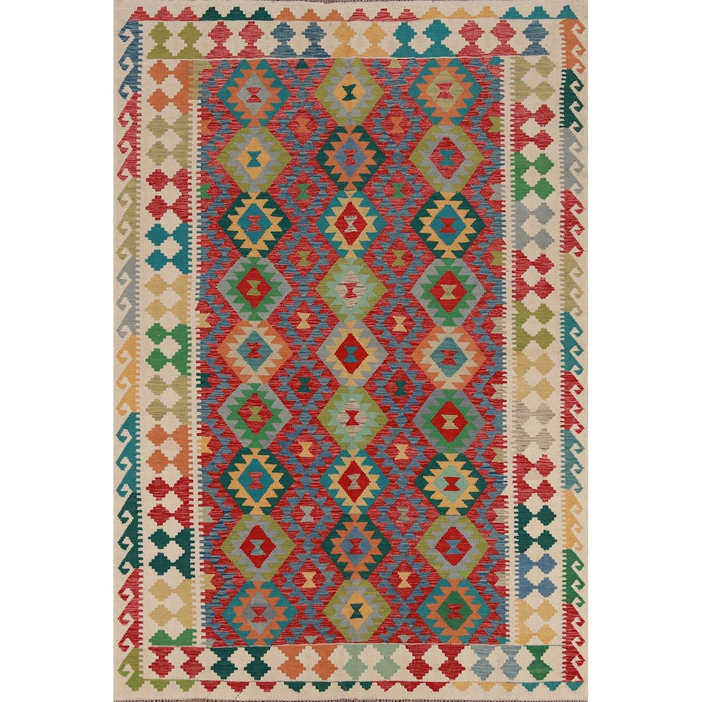 Hand Woven Oriental 100% Wool Carpet Southwestern Geometric Multi-Colored Kilim Area Rug - 8' 4'' X 5' 10''
