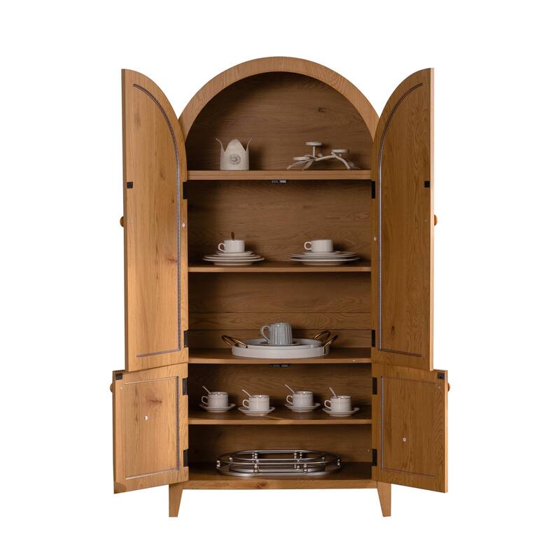 Arched Kitchen Pantry Cabinet, 63.39" Tall Arched Bookcase Rattan Storage Cabinet with Doors Adjustable Shelves, Freestanding
