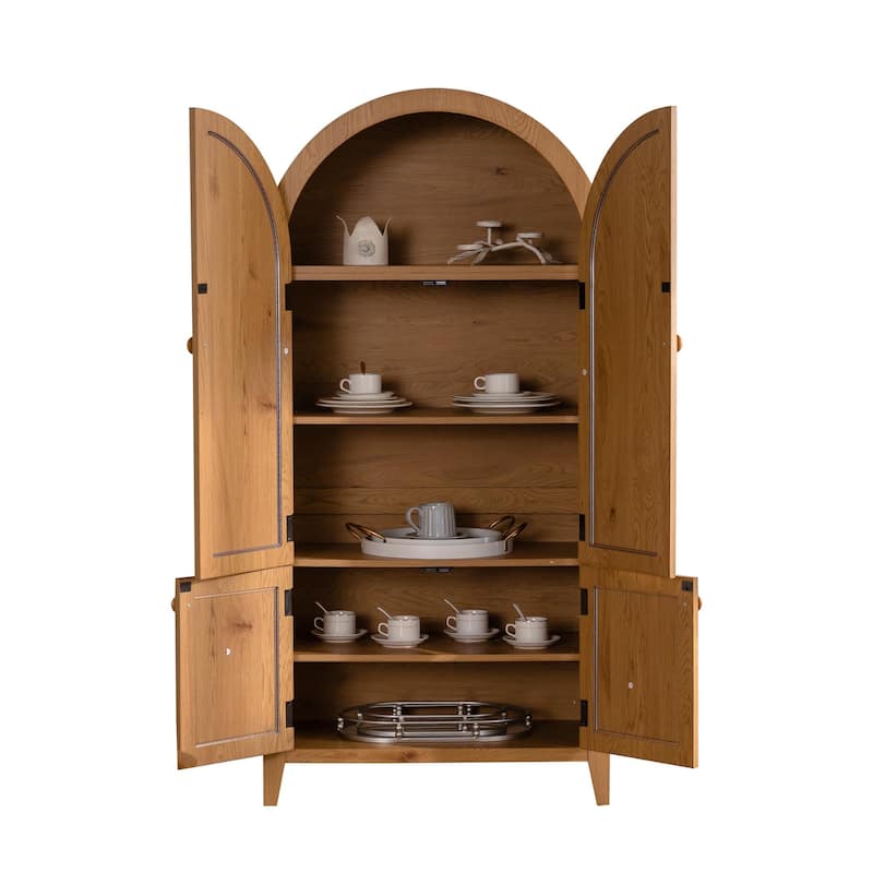 Arched Pantry Cabinet, 63.39" Rattan Storage Cabinet with Doors, Adjustable Shelves, Farmhouse Freestanding Cupboard for Kitchen