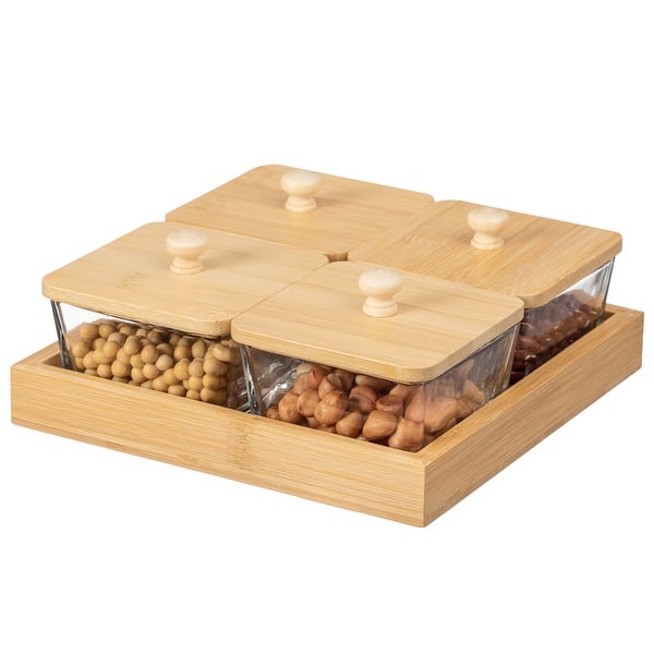 slide 2 of 10, Basicwise Glass Jars with Bamboo Lids and Wooden Tray – Rectangular Charcuterie, Snack Organizer and Fruit Platter for Party Set of 4