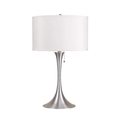 27" Tall Metal Table Lamp with Silver finish, White Linen Shade