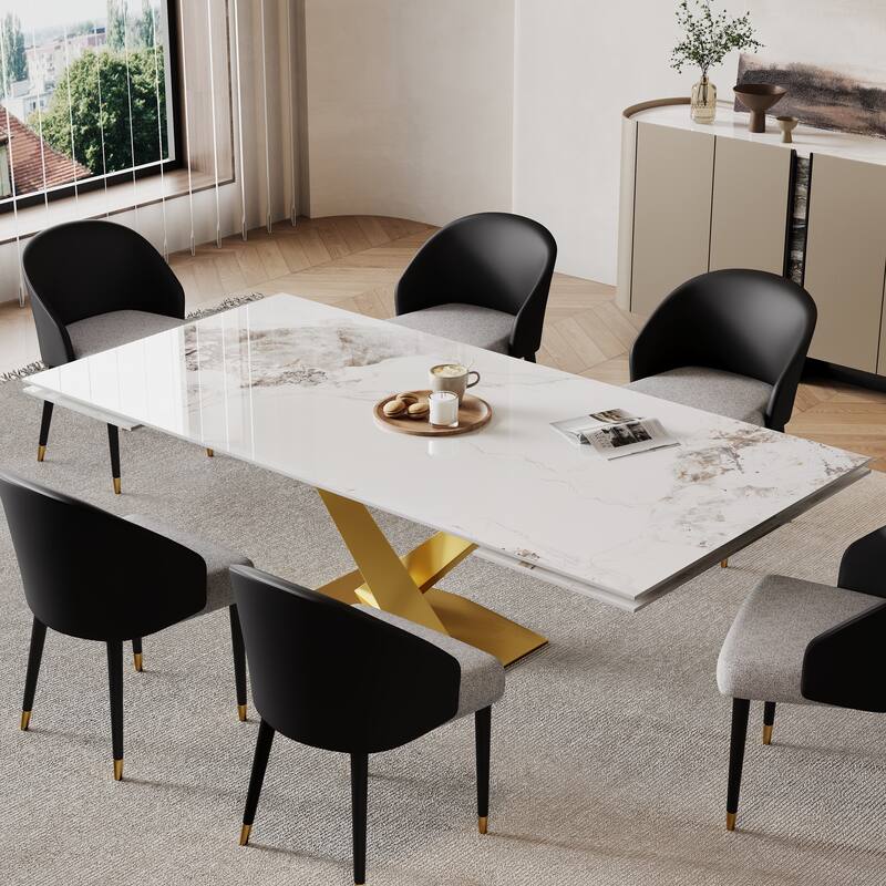 9 - Piece 94.48'' Rectangular Extendable Sintered Stone Dining Table with 8 Faux leather Chairs Dining Set