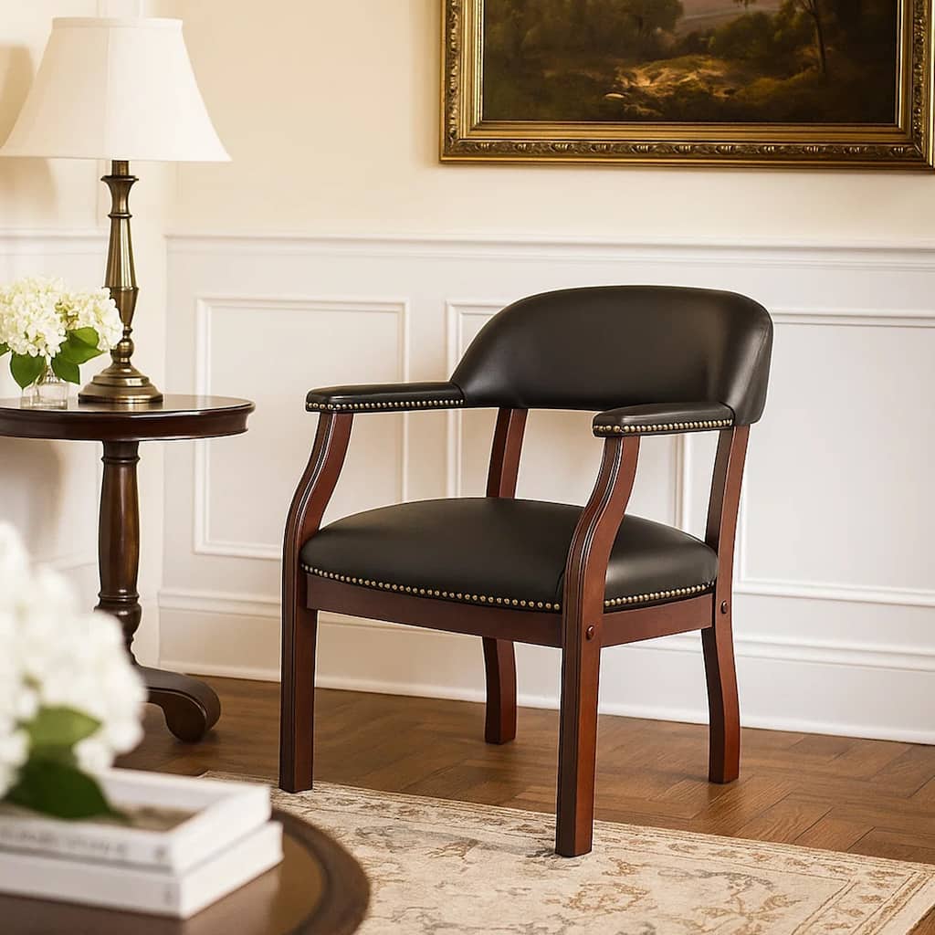 Elon Guest Chair with Brass Nailhead Trim, Mahogany Wood, Black Caressoft