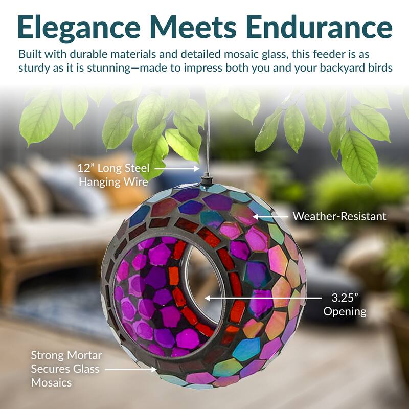 Hanging Bird Feeder Outdoor Round Glass Mosaic Design for Garden - 6"