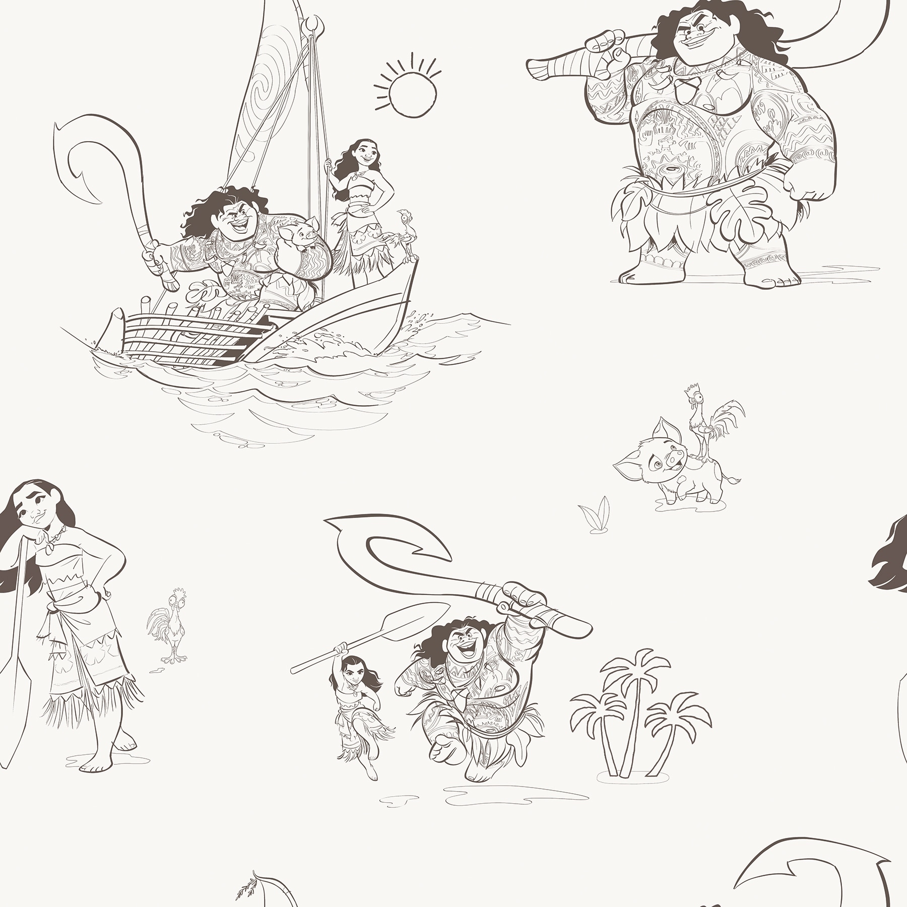 Disney Moana Line Art Beige Peel and Stick Wallpaper