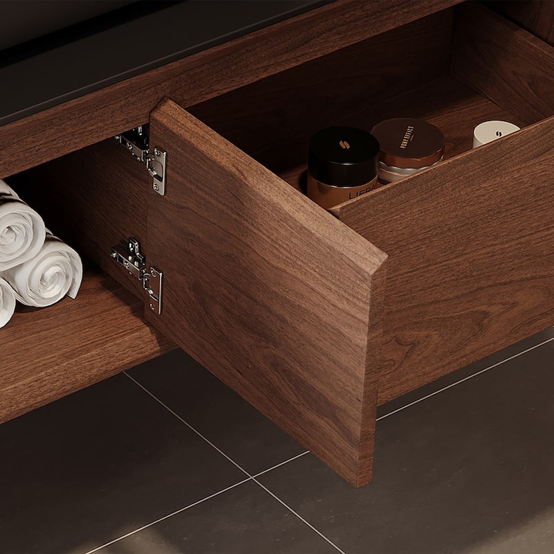 48" Modern Floading Single Bathroom Vanities, Solid Wood, Glossy Stone Vessel, Brown &Light Wood, Not Assembled Need