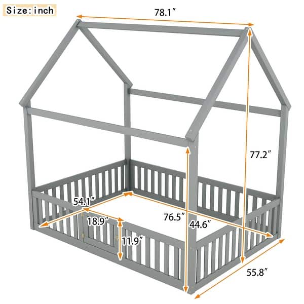 dimension image slide 1 of 2, Full Size Solid Pine Wood House-Shaped Design Kids Bed Frame with Fence, Door and Distressed Washed Finish for Bedroom, Grey
