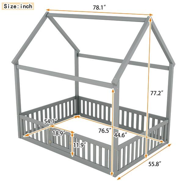 Full Size Woodden House Bed with Fence and Door, Gray