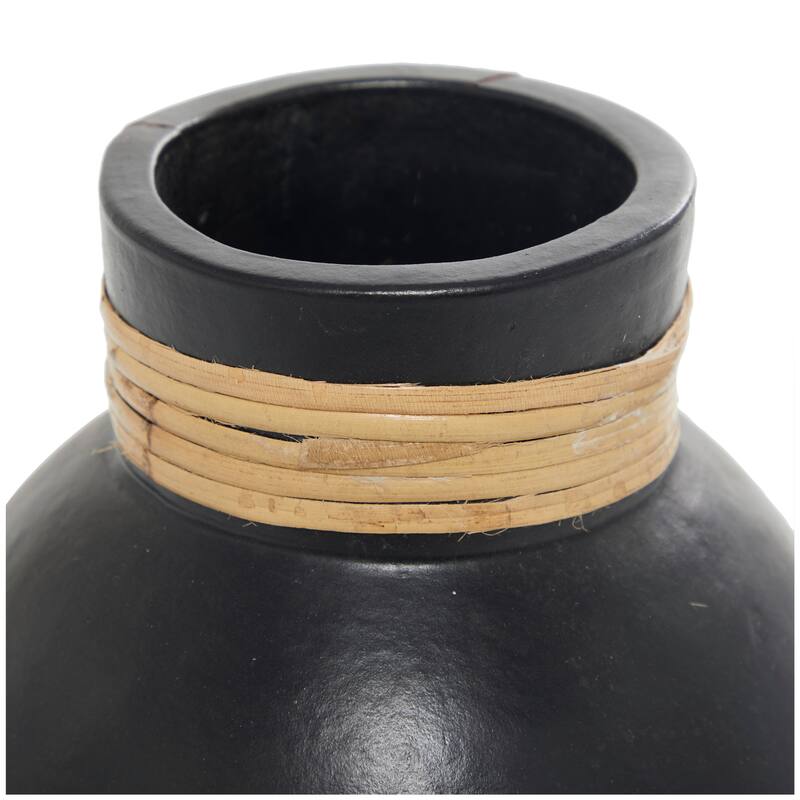 Modern Black Ceramic Vase with Stylish Wrapped Rattan Detailing
