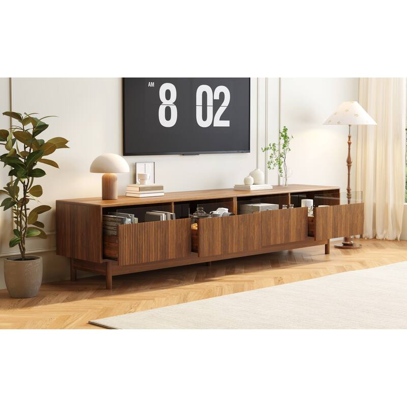 Roomfitters 78 Inch TV Stand for TVs up to 85 Inch, Walnut Media Console Table with Modern Glass Drawers