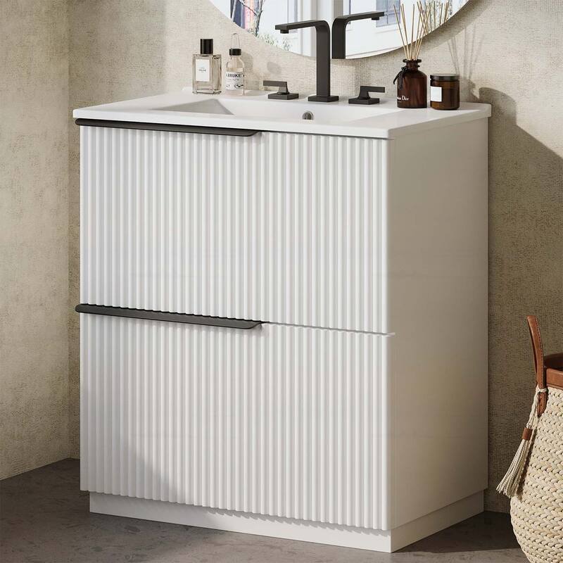 30 Inch Freestanding Bathroom Vanity with Ceramic Sink,Full-Extension Drawers,and Fluted Design - White