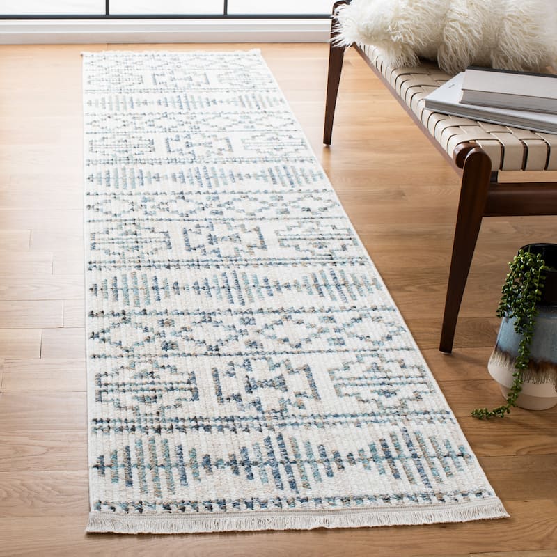 SAFAVIEH Sedona Varpu Boho Tribal Fringe Rug - 2'4" x 9' Runner - Ivory/Blue