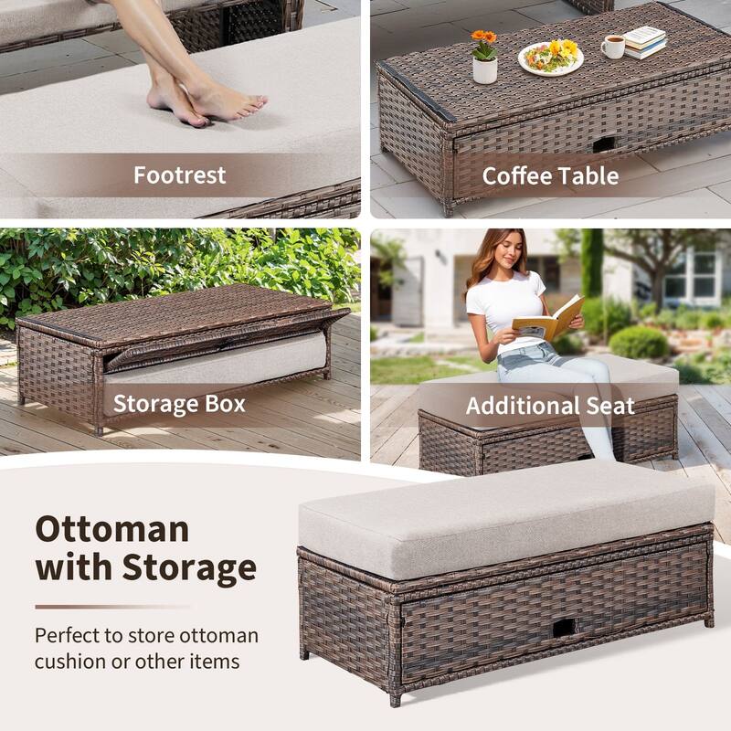 Gymojoy Adjustable Outdoor Wicker Daybed Patio Sofa Bed, 5-Position with Storage Ottoman