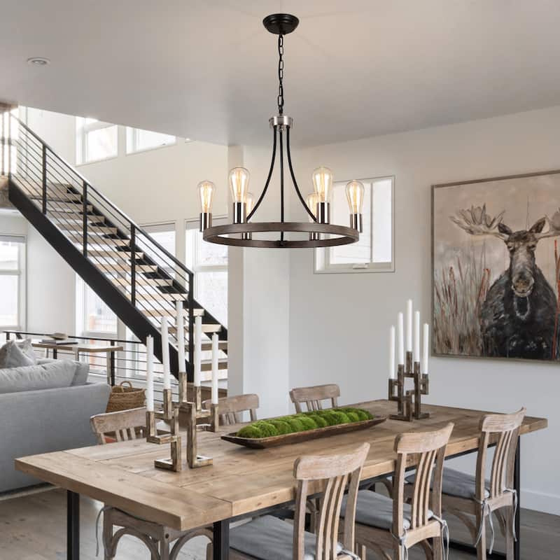 6-Light Farmhouse Metal Round Wagon Wheel Chandelier for Dining Room Living Room Bedroom Kitchen - 19.68'' D x 16.14'' H