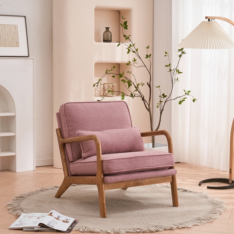 Mid Century Modern Upholstered Accent Chair - 1-Piece - Pink  Linen