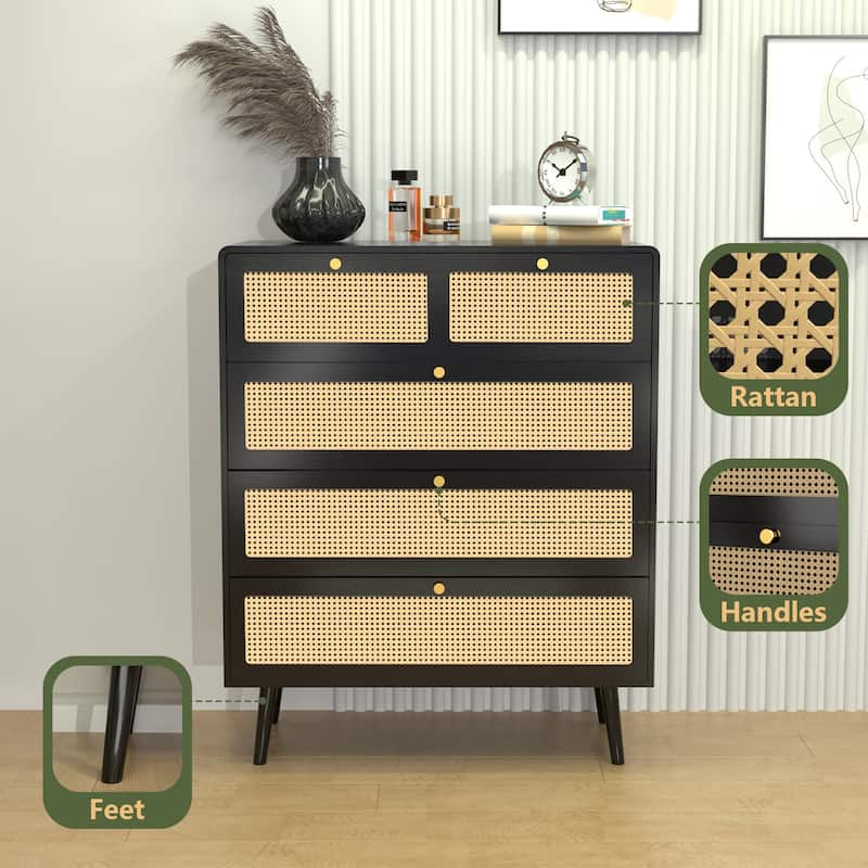 Modern Rattan 4-Drawer Dresser Chest with Metal Handles