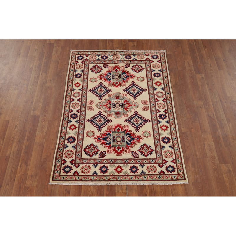 Geometric Ivory Kazak Oriental Accent Rug Handmade Wool Carpet - 3'5" x 4'11"