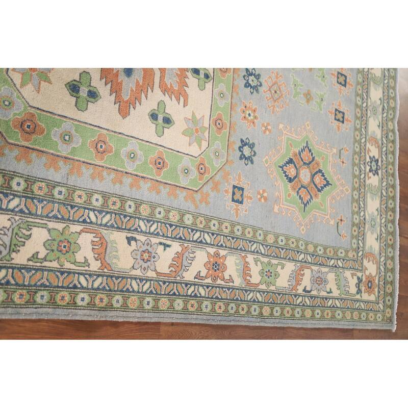 Hand Knotted Oriental 100% Wool Carpet Traditional Geometric Greys & Charcoal Kazak Area Rug - 9' 10'' X 6' 10''