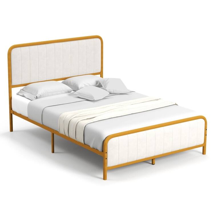 Upholstered Gold Platform Bed Frame with Velvet Headboard - Full