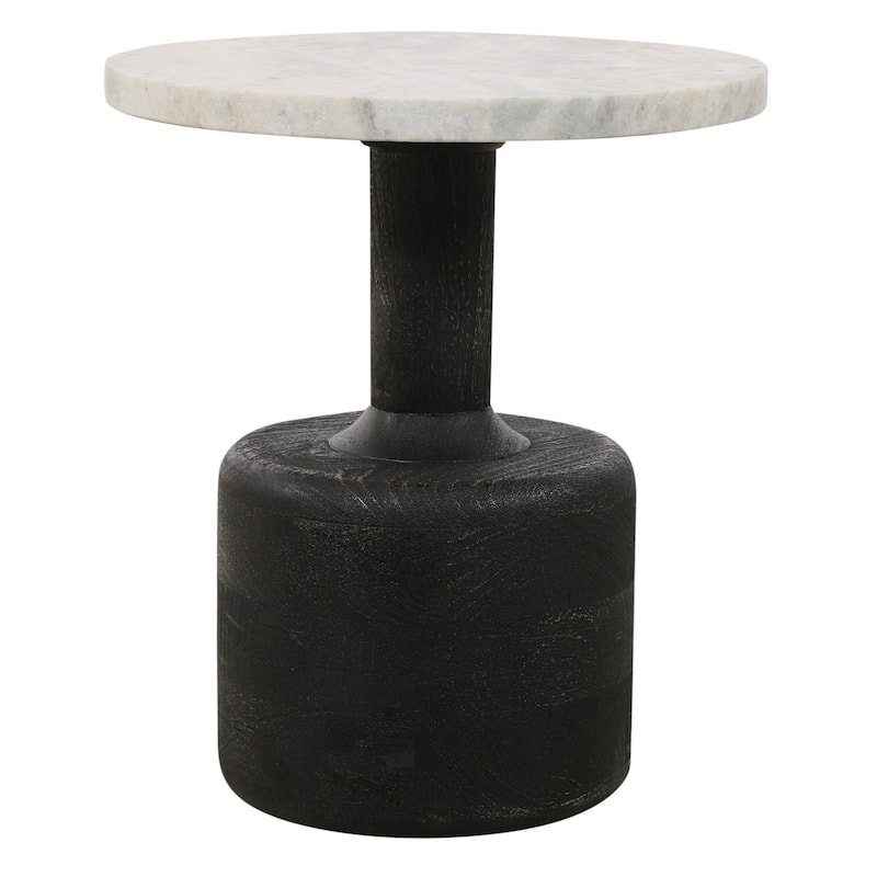 HomeRoots 21" White and Black Distressed Marble and Solid Wood Round Pedestal End Table - 18 in. x 21 in. x 18 in.
