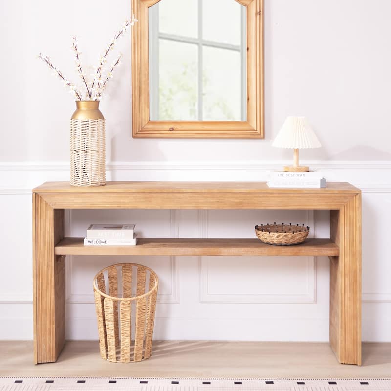 Modern Farmhouse Rustic Solid Wood Console Table with Storage Shelf - Antique Natural
