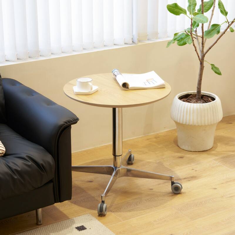 Movable Adjustable Coffee Table 360 Swivel Counter Bar Height Aluminum Star Base Movable - Natural Wood