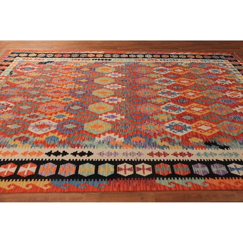 Orange Geometric Kilim Oriental Area Rug Handmade Wool Carpet - 8'7"x 11'3"