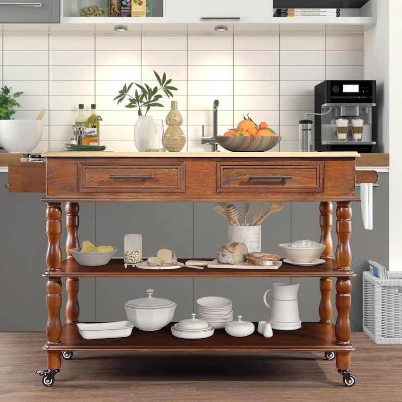Rolling Kitchen Island Cart with Solid Oak Wood Top, Wine and Spice Rack