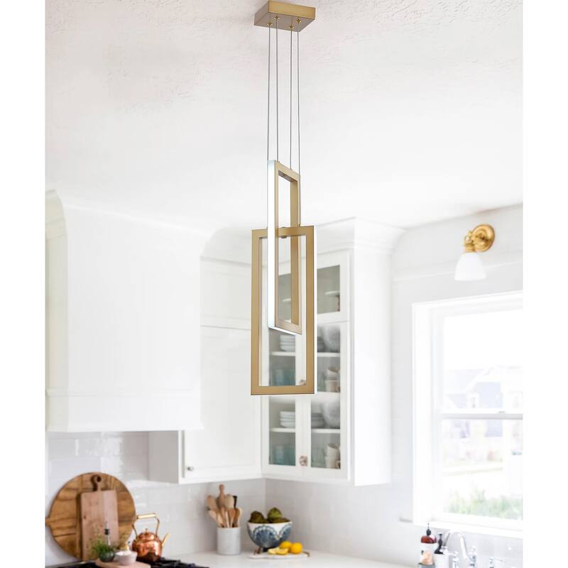 Modern 2-Light Geometric Linear Rectangle LED Pendant - Gold