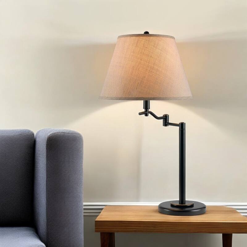 29" Bronze Metal Swing Arm Table Lamp with Off-White Fabric Empire Shade and 3-Way Switch - 28.5" H x 14.5" W x 19" D
