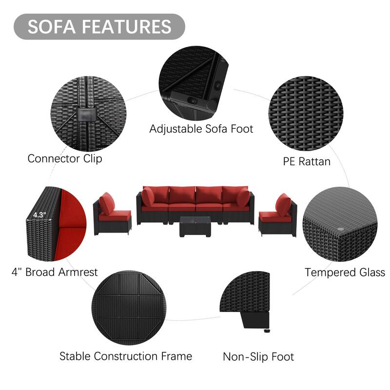 7-Piece Outdoor Patio Furniture Set Sectional Sofa Chairs and Tempered Glass Coffee Table PE Rattan Steel Frame with Cushions