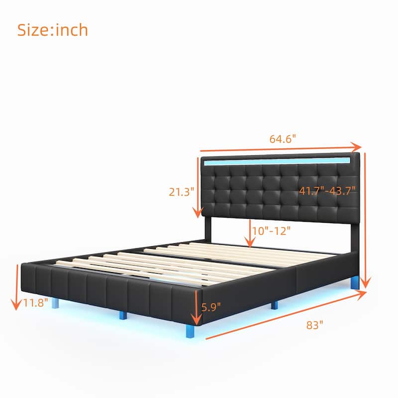 Floating Bed Frame with LED Lights and USB Charging,Modern Upholstered