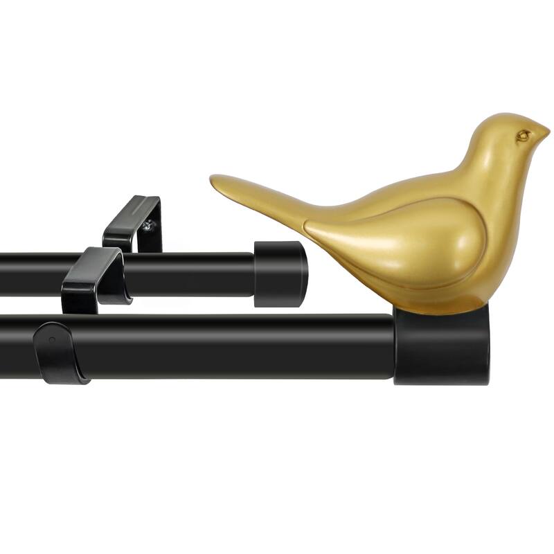 MERIVILLE 3/4" Diameter Farmhouse Double Window Curtain Rod, Bird Finials - Gold Finial with Black Rod - 48"-84"