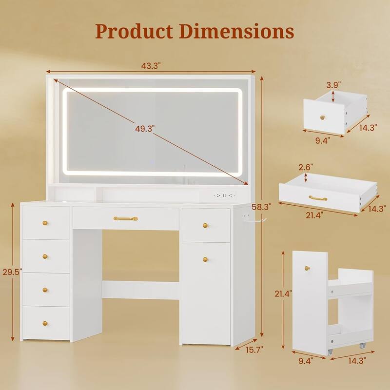 Vanity Desk with Mirror and Lights Power Outlet Drawers 3 Light Modes
