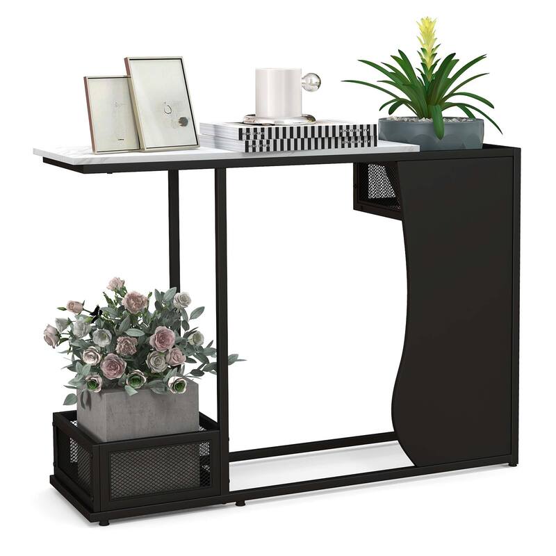 Costway 43.5'' Console Table with Faux Marble Top & 2 Storage - See Details - White + Black - See Details