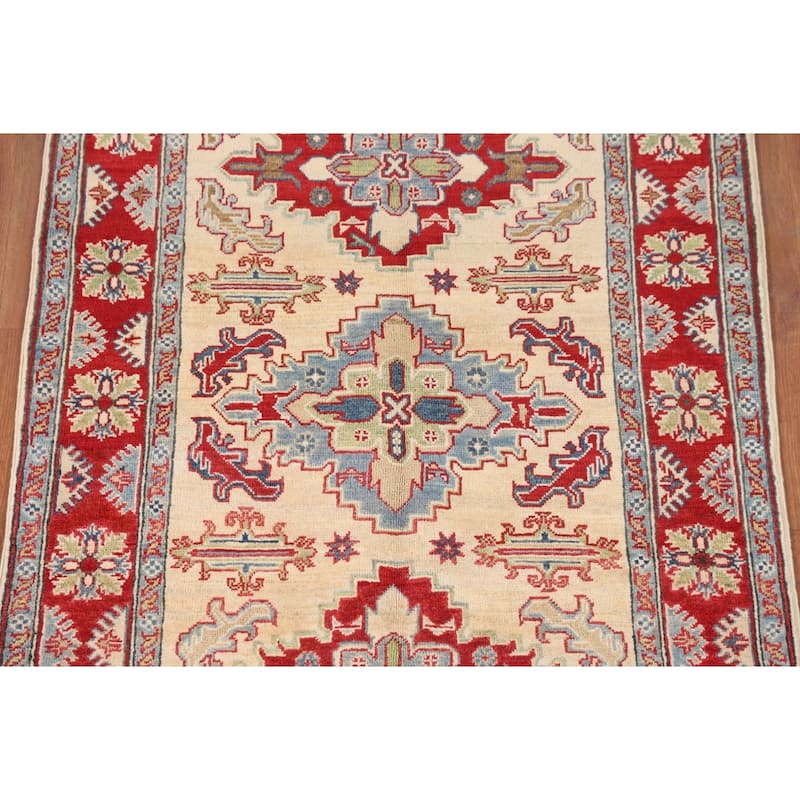 Kazak Oriental Area Rug Handmade Beige Geometric Wool Carpet - 4'0" x 6'5"