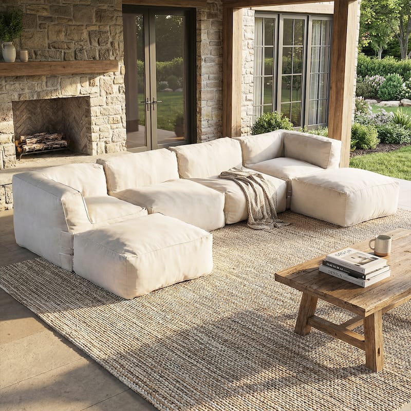 Christopher Knight Home - Nerissa 6-Piece Modular Outdoor/Indoor Bean Bag Sectional Sofa Set with Shredded Foam Filled & Ottoman