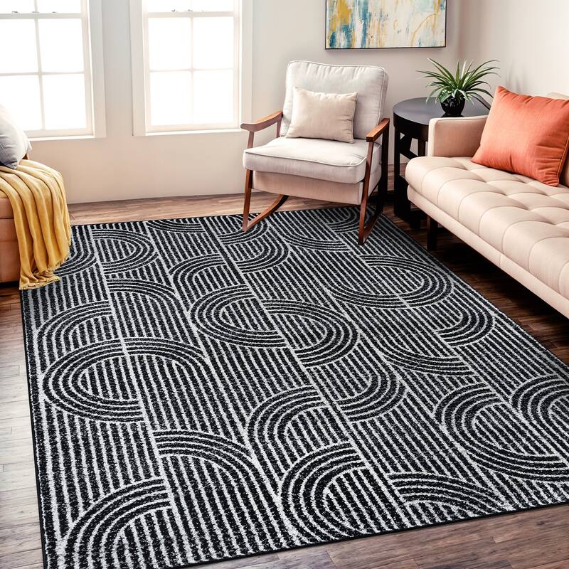 Modern Arch Pattern Stripe Area Rug - 7' 10" x 10' - Black