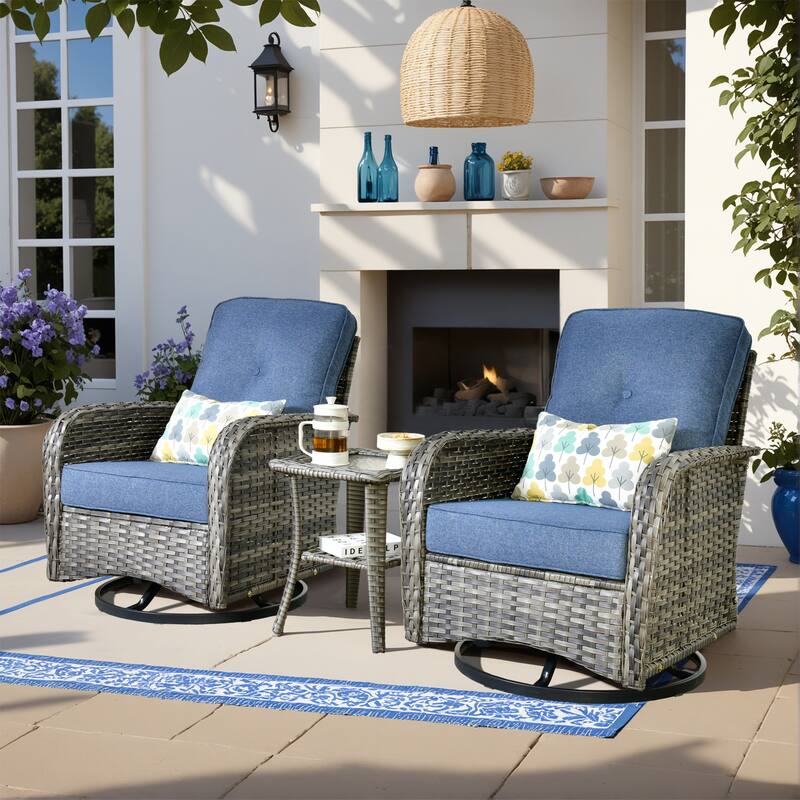 HOOOWOOO 3-piece Grey Wicker Patio Swivel Rocking Chair Set - Denim Blue