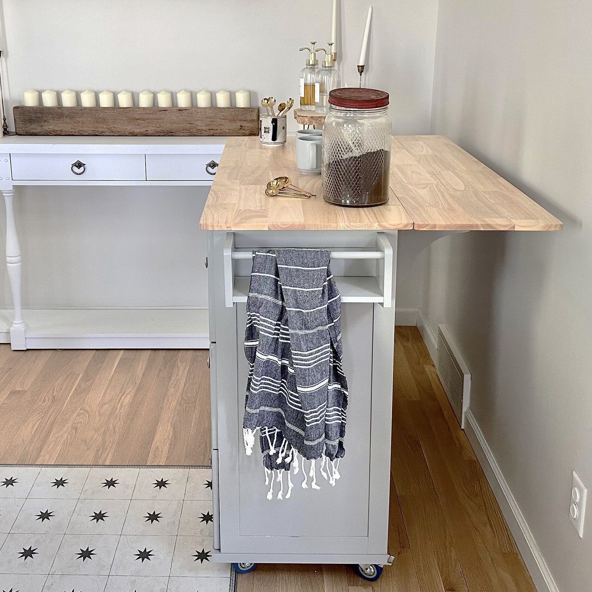 ARTCHIRLY Brown Solid Wood Top 53.1 in. White Kitchen Island with Drop Leaf, Cabinet Door Internal Storage Racks and 3-Drawers