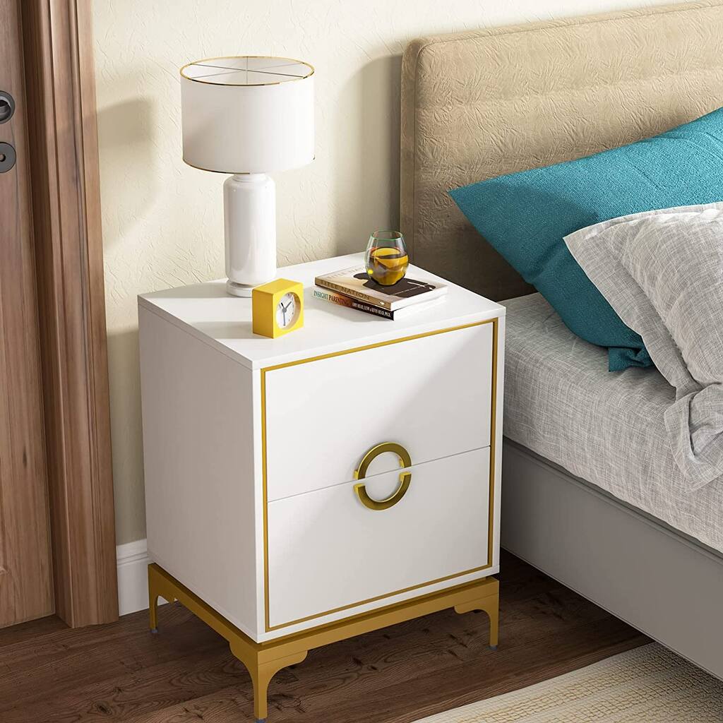 White Nightstand 2-Drawer, Modern Tall Bedside Table Night Stands