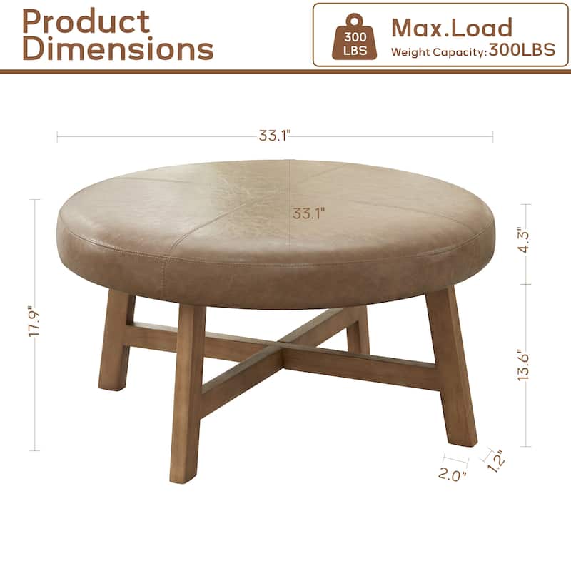 Round Upholstered Coffee Table with Solid Wood Base, Modern Fabric Ottoman Table for Living Room